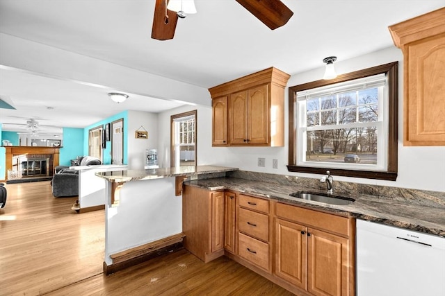 kitchen with dark stone countertops, dishwasher, light wood-type flooring, and sink