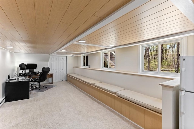 office featuring wood ceiling, carpet flooring, and recessed lighting