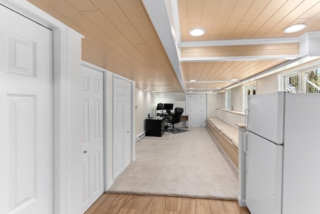 office featuring ornamental molding, baseboard heating, recessed lighting, wooden ceiling, and light wood-style flooring