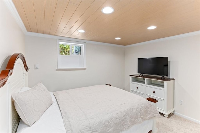 bedroom featuring crown molding, baseboards, recessed lighting, light colored carpet, and wooden ceiling