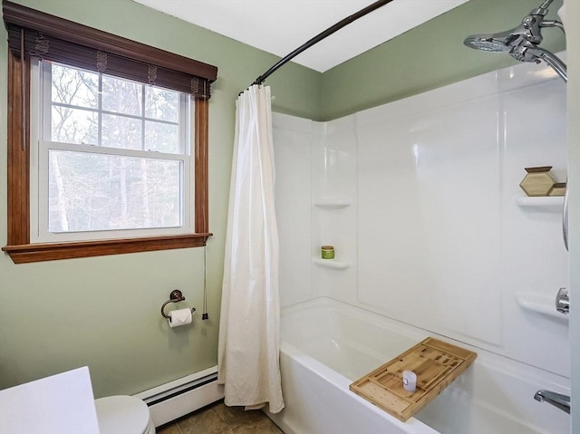 bathroom with tile patterned floors, shower / tub combo with curtain, toilet, and baseboard heating