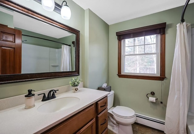 full bath with a shower with shower curtain, a baseboard radiator, toilet, and vanity