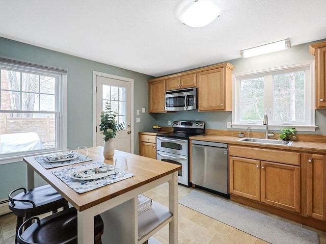 kitchen with plenty of natural light, stainless steel appliances, light countertops, and a sink