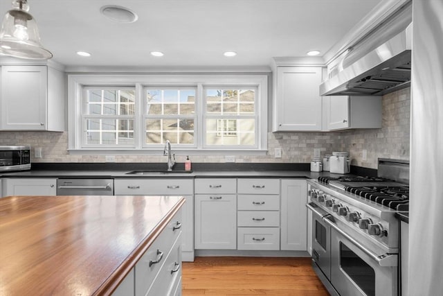 kitchen featuring wall chimney exhaust hood, sink, butcher block countertops, light wood-type flooring, and appliances with stainless steel finishes