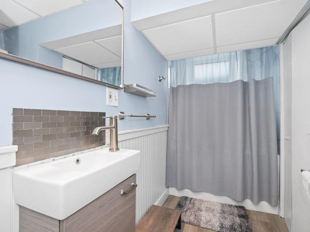 bathroom with shower / bath combo, vanity, wood finished floors, and wainscoting