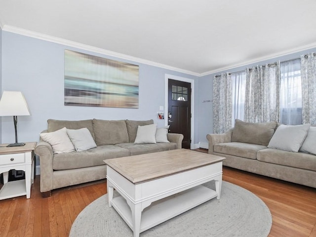 living area with wood finished floors and crown molding