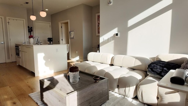 living room featuring light hardwood / wood-style floors and sink