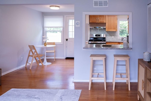 62 Roberts Dr Unit 62, Bedford, MA 01730 - kitchen featuring stainless steel range, under cabinet range hood, wood finished floors, tasteful backsplash, and baseboards