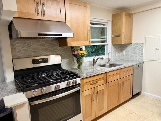 62 Roberts Dr Unit 62, Bedford, MA 01730 - kitchen featuring stainless steel appliances, a sink, extractor fan, ornamental molding, and tasteful backsplash