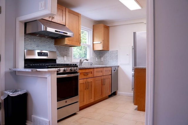 62 Roberts Dr Unit 62, Bedford, MA 01730 - kitchen featuring stainless steel appliances, under cabinet range hood, decorative backsplash, a sink, and light stone counters
