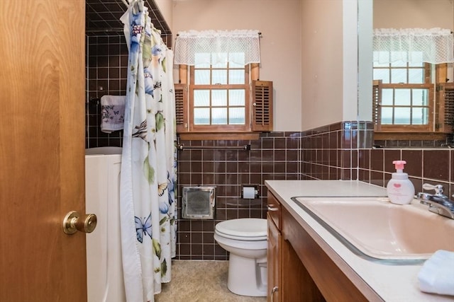 5 Norman Cir, Montague, MA 01376 - bathroom featuring tile walls, vanity, curtained shower, wainscoting, and tile patterned flooring