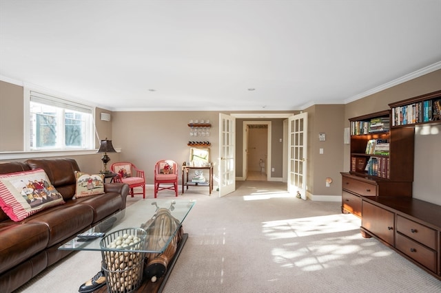 living room with light colored carpet, crown molding, and french doors