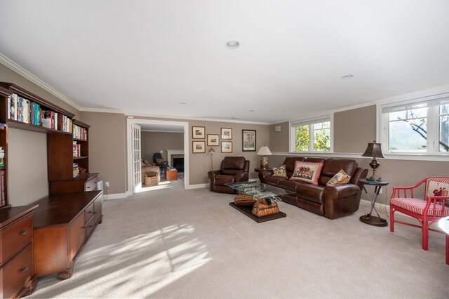 carpeted living room featuring ornamental molding