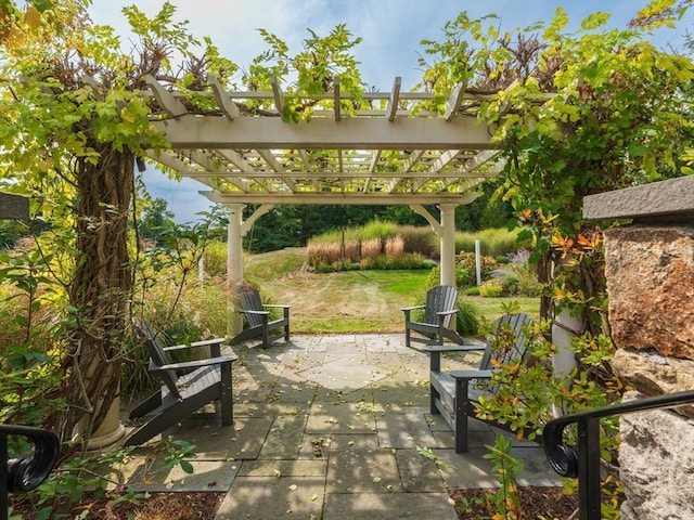 view of home's community with a yard, a pergola, and a patio area