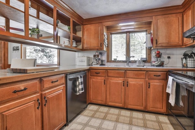 kitchen featuring sink, stainless steel electric stove, tasteful backsplash, and dishwashing machine