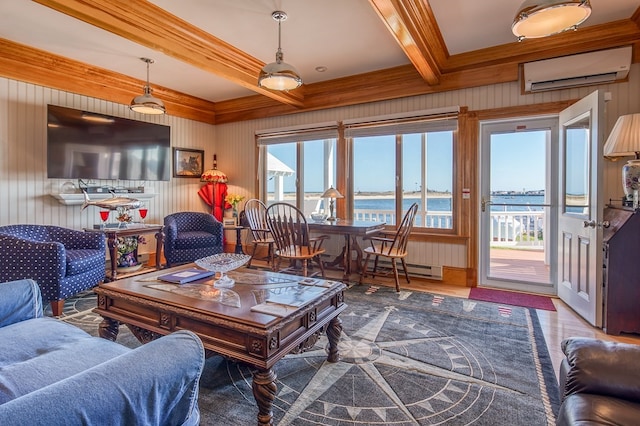 living room with plenty of natural light, a water view, beam ceiling, and dark wood-type flooring