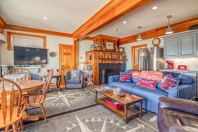 living room featuring carpet flooring, ornamental molding, and beamed ceiling