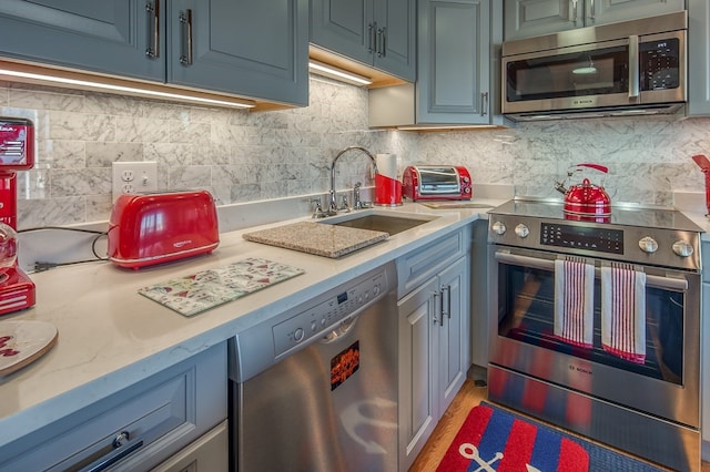 kitchen with appliances with stainless steel finishes, sink, backsplash, and light wood-type flooring