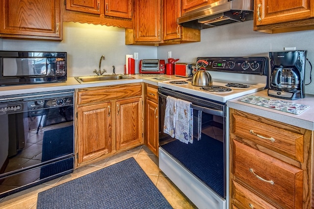 kitchen featuring white electric range oven, light tile floors, custom exhaust hood, sink, and wall oven