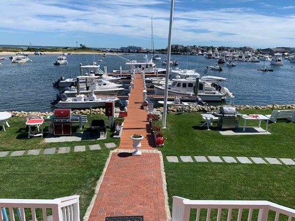 dock area with a water view and a yard