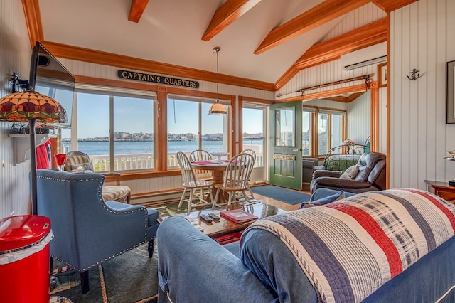 interior space featuring a water view, vaulted ceiling with beams, a wealth of natural light, and a wall mounted AC