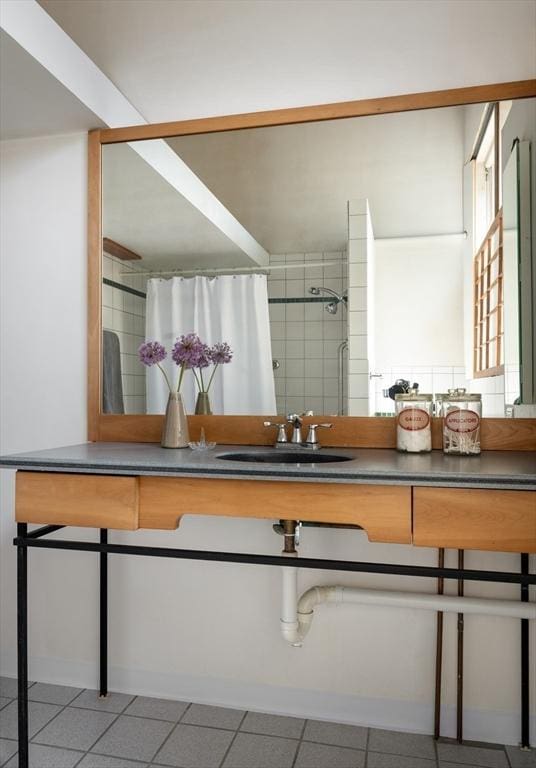 543 Green St, Cambridge, MA 02139 - full bathroom featuring a shower with shower curtain and tile patterned flooring