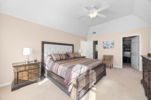 carpeted bedroom with lofted ceiling, a spacious closet, a closet, and ceiling fan