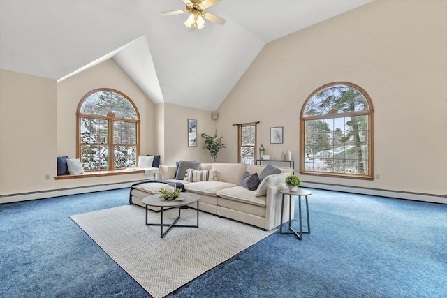 carpeted living room with high vaulted ceiling, ceiling fan, and a baseboard heating unit