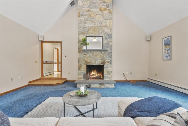 living room with a baseboard radiator, carpet flooring, and a stone fireplace