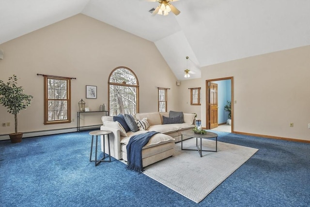 carpeted living room featuring high vaulted ceiling, ceiling fan, and a baseboard radiator