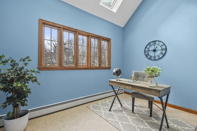 office with vaulted ceiling with skylight and a baseboard radiator