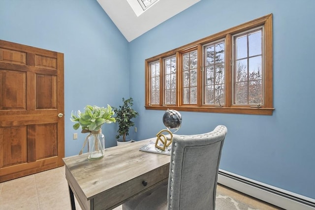 tiled office with vaulted ceiling with skylight and a baseboard radiator