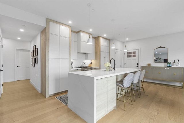 4 Payne St One, Unit One, Boston, MA 02122 - kitchen with modern cabinets, light wood-style floors, a large island, light countertops, and recessed lighting