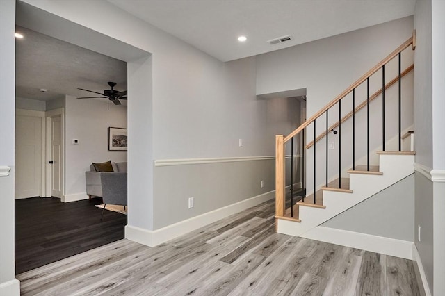 116 Holyoke St, Easthampton, MA 01027 - foyer entrance with wood finished floors, a ceiling fan, recessed lighting, and stairway
