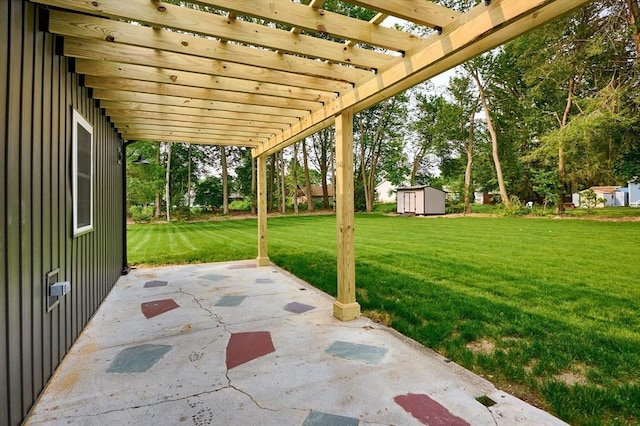 116 Holyoke St, Easthampton, MA 01027 - view of patio / terrace featuring a storage unit, a pergola, and view of scattered trees