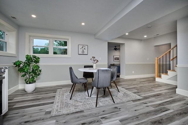116 Holyoke St, Easthampton, MA 01027 - dining area with wood finished floors, stairway, a ceiling fan, and recessed lighting
