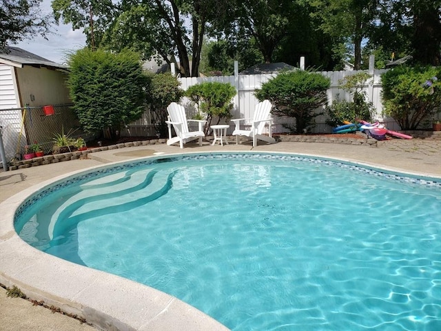 view of swimming pool featuring a fenced backyard and a patio