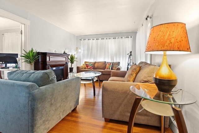 living room featuring wood finished floors and a glass covered fireplace