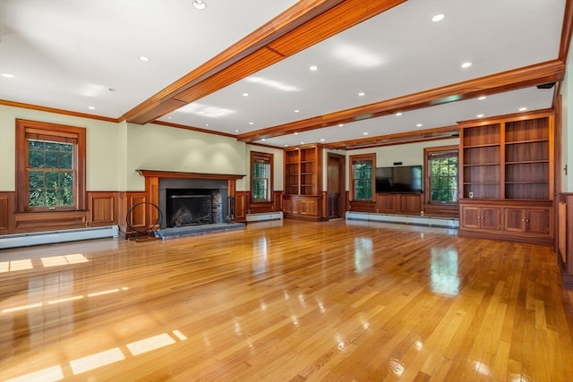 unfurnished living room with built in features, a baseboard radiator, and light hardwood / wood-style floors