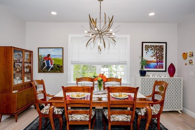 34 Split Rock Ln, Mattapoisett, MA 02739 - dining space with light wood-style flooring, a chandelier, recessed lighting, and baseboards