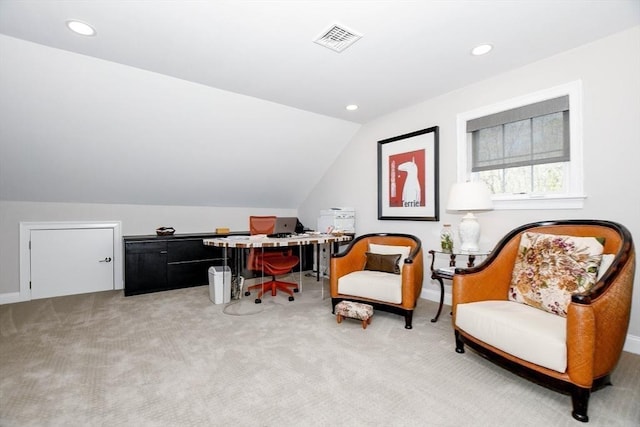34 Split Rock Ln, Mattapoisett, MA 02739 - sitting room with vaulted ceiling, an office area, carpet flooring, and recessed lighting