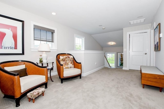 34 Split Rock Ln, Mattapoisett, MA 02739 - living area featuring an upstairs landing, carpet flooring, baseboards, lofted ceiling, and recessed lighting