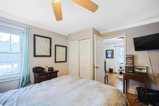 bedroom with a closet, ceiling fan, hardwood / wood-style floors, and ornamental molding