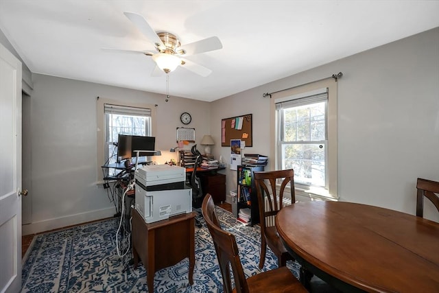 office space featuring ceiling fan, hardwood / wood-style floors, and plenty of natural light