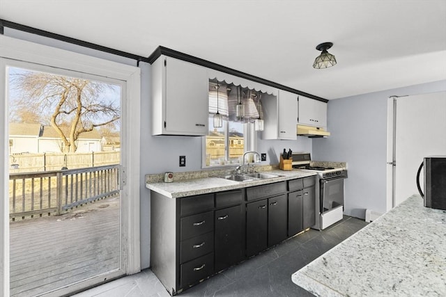 kitchen with sink, plenty of natural light, white range with gas cooktop, and white cabinetry