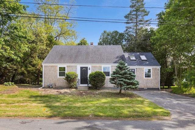 2 Pauls Way, Newbury, MA 01951 - cape cod-style house with entry steps, a front yard, a chimney, and driveway