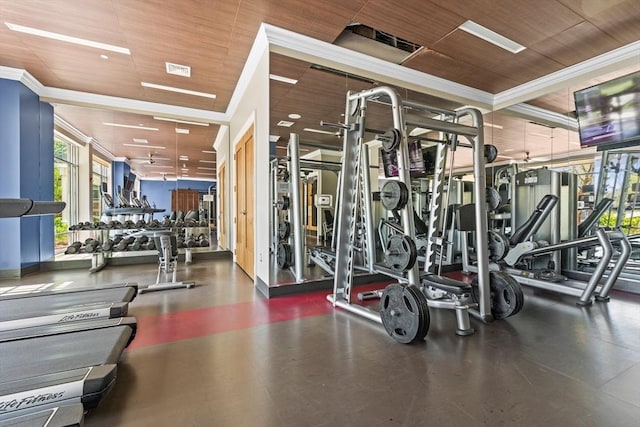 workout area featuring wooden ceiling, ornamental molding, and visible vents
