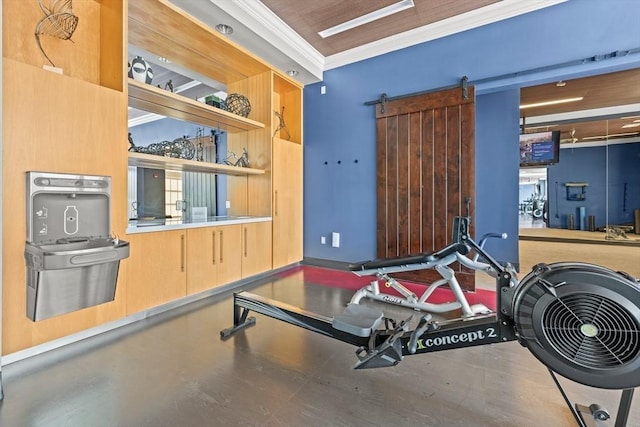 workout area with crown molding and a barn door