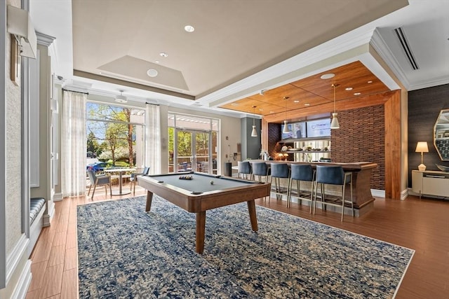 game room with billiards, a community bar, recessed lighting, and a raised ceiling