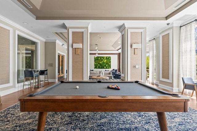 rec room with crown molding, pool table, wood finished floors, and visible vents